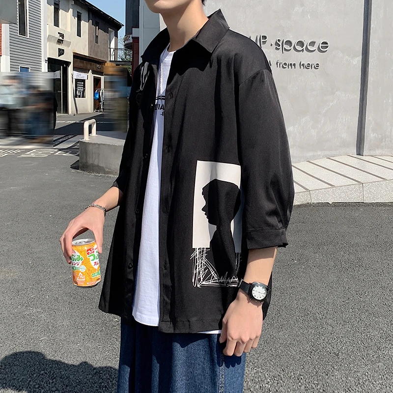 

Ice Silk Seven-Quarter Sleeve Casual Shirt Men's Summer Trendy Loose Thin Short Sleeve Shirt Handsome Casual Outerwear