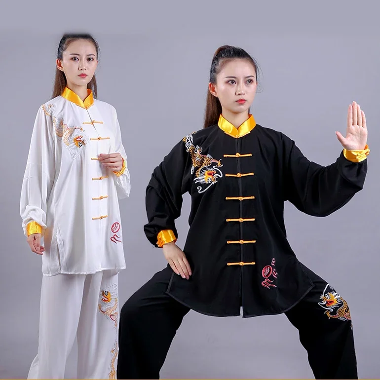 Uniform Tai Chi stroje sztuk walki dla mężczyzn dla kobiet Unisex odzież Kung Fu ubranie sportowe haftowany smok