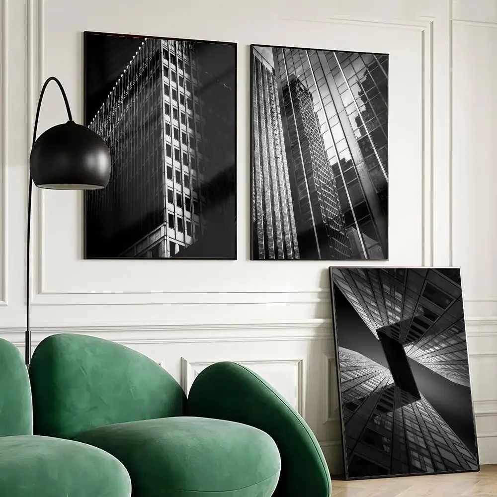 Black and White Skyscrapers Poster Waterproof Wall Art Sticker for Home Bar Decoration, Self-Adhesive Room Wall Decor Mural