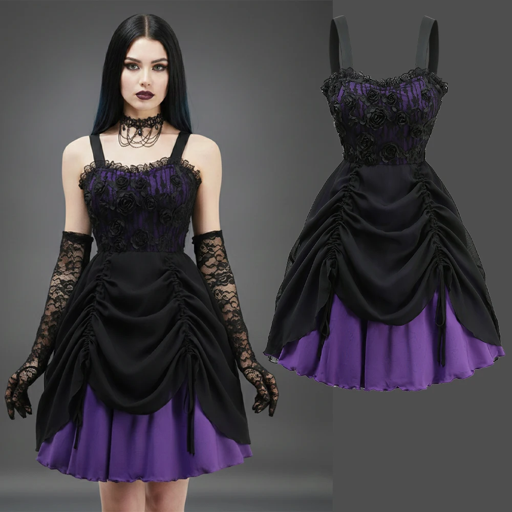 Gothic-Partykleider mit Rosenblüten-Spitzenbesatz, Chiffon-Textur, tailliertes A-Linien-Tankkleid, ärmelloses Minikleid für Damen, Vestidos