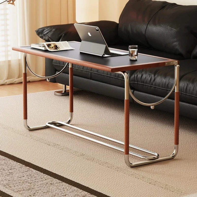 A  Medieval liftable rock slab coffee table living room solid wood stainless steel multi-functional small tea table