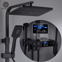 Black Thermostatic LCD Shower Faucet Set Temperature Display Rainfall Bathtub Tap With Bathroom Shelf Electricity By Water