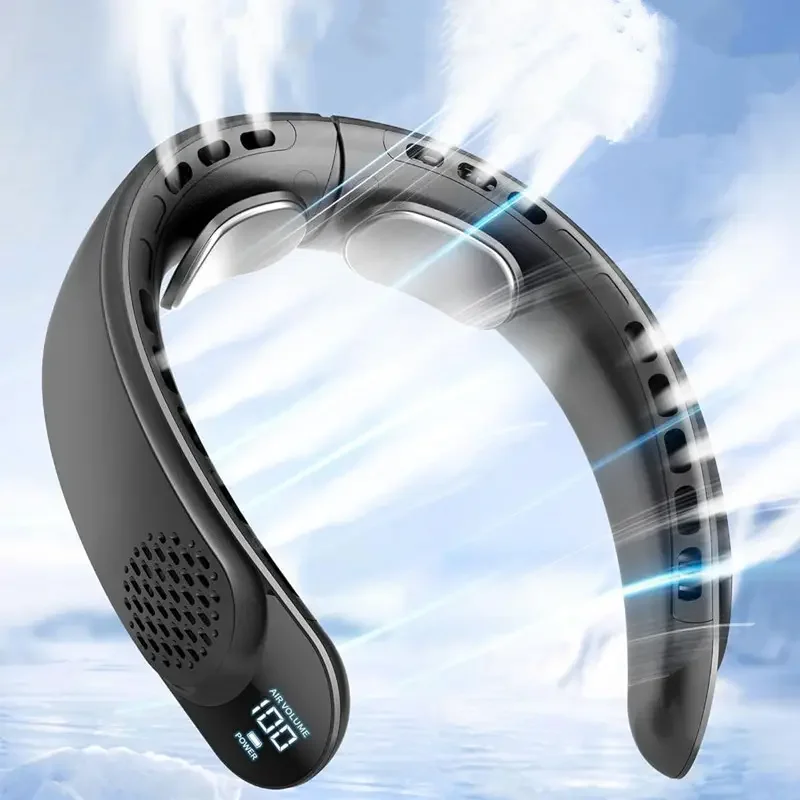 New Quad-Core USB Neck Fan Turbine Vaneless Design Easy Control 4000mAh Digital Display for Outdoor Portable Fan Summer Gift