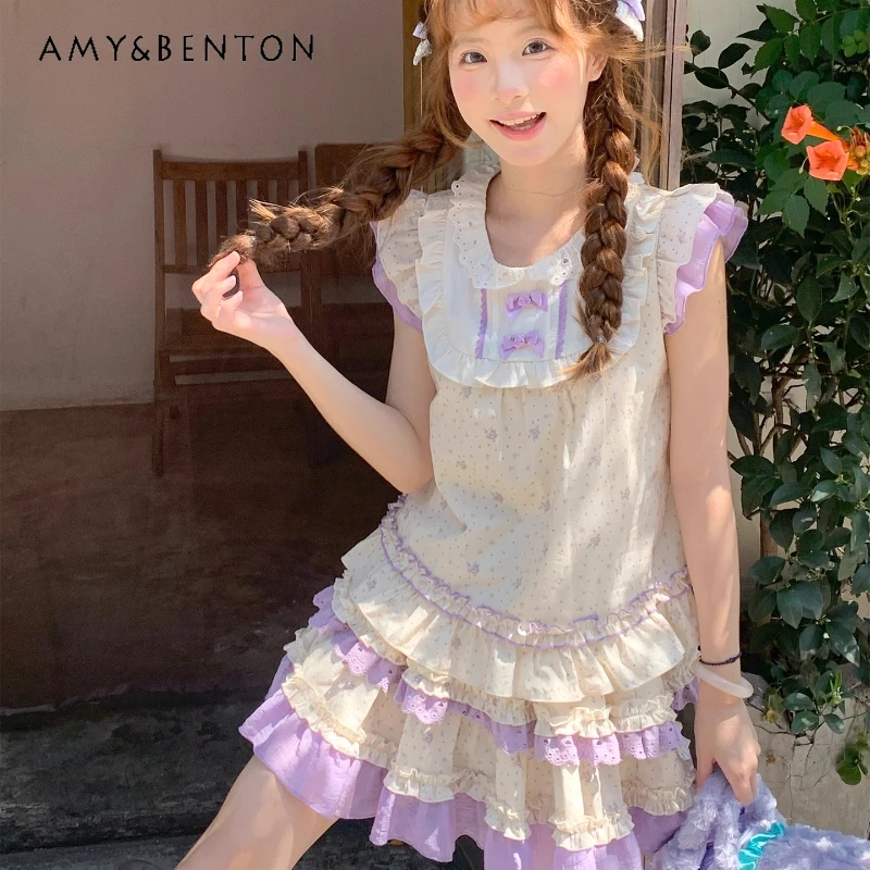 

Japanese Design Purple Floral Contrasting Color Bow Flying Sleeve Women's Top Summer Lace Splicing Mini Tutu Skirt Suit Ladies