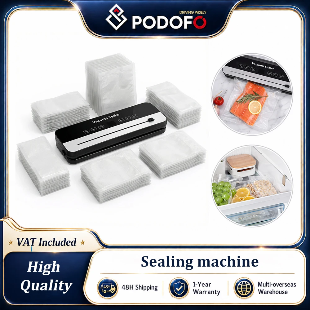 Podofo Scelleuse sous vide alimentaire 6-en-1 65KPa avec modes sec/humide, minuteur numérique, coupe-sac intégré, 100 sacs thermoscellables pour la conservation des aliments en cuisine