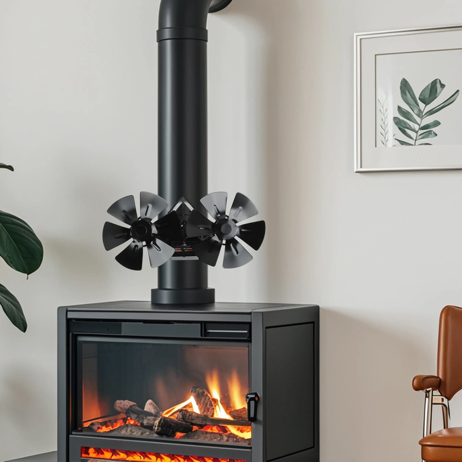 Aluminum Stove Fans Dual Head Equipment Fireplace Fan Oven Fan Replacement Spare Parts Unpowered Operation Wall Mounted