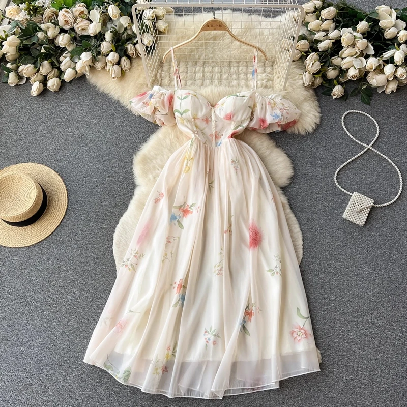 

French Women One Shoulder Strapless Camisole Dress Summer Gentle Style Waist Cinched Floral Puff Sleeves Fairy Dress