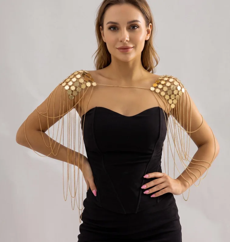 Goldene Schulterkette mit Quaste, Körperaccessoire, Einheitsgröße, dekoratives Schultergeschirr für Party, Abschlussball, Abendkleid, Fotoshooting, Großhandel – Detail 1