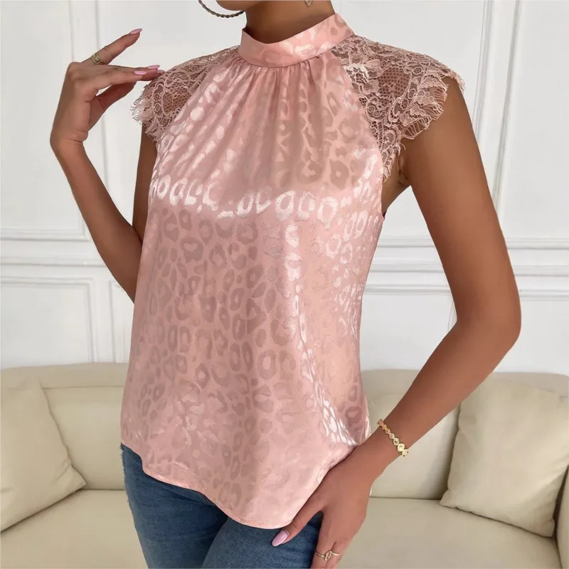2026 気質シャツブラウス女性のための Blusas トップス婦人服カジュアルスリムレースパッチワークヒョウ柄ハーフハイカラー