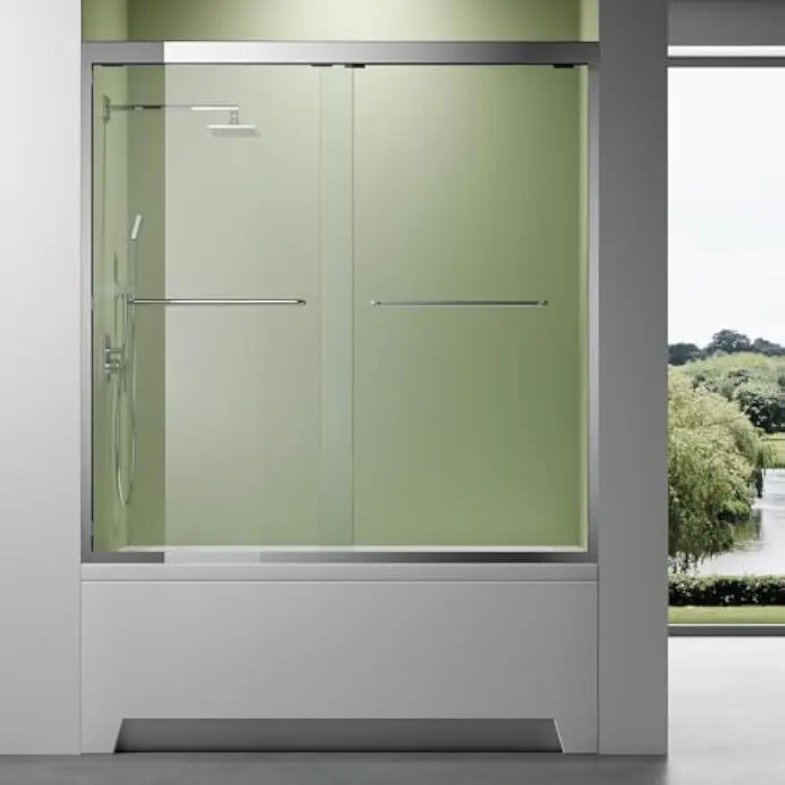 Shower Bathtub Bypass Tempered Glass Door Double Handle Chrome Hardware