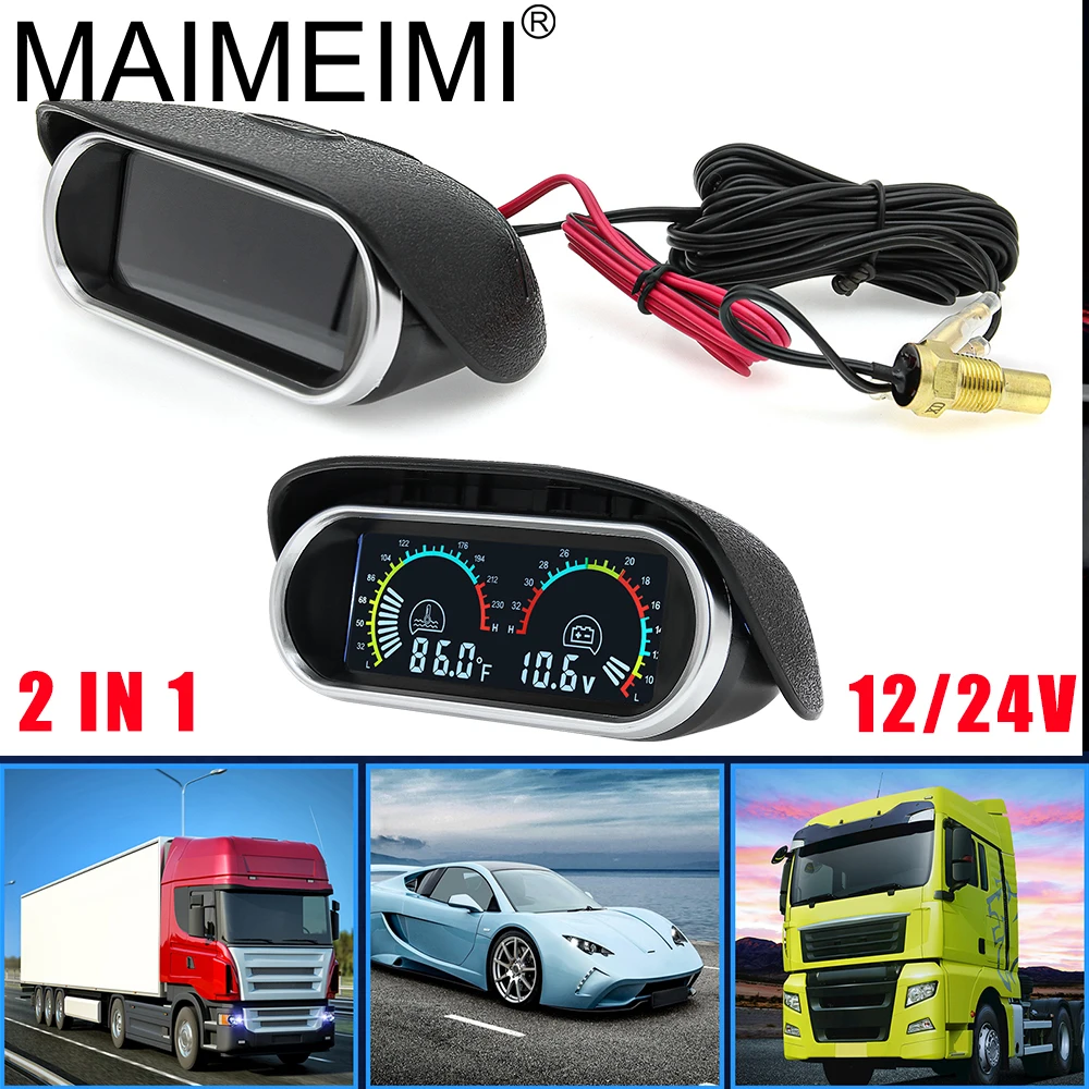 New Water Temperature Gauge + Voltmeter Gauge 2 In 1 LCD Car Digital 12V/24V Universal Engine Temperature Indicator with Alarm