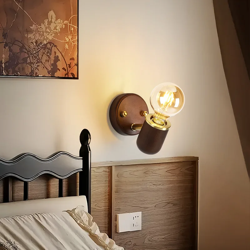 Japanese Style Retro Solid Wood Small Wall Lamps LED Bedroom Bedside Light Medieval Coffee Shop Study Living Room Wall Lights