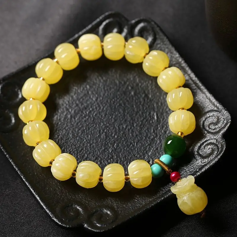 Natural Beeswax White Nectar Pumpkin Beads Women's Rough Stone Yellow Chicken Grease Amber Single Ring Bracelet