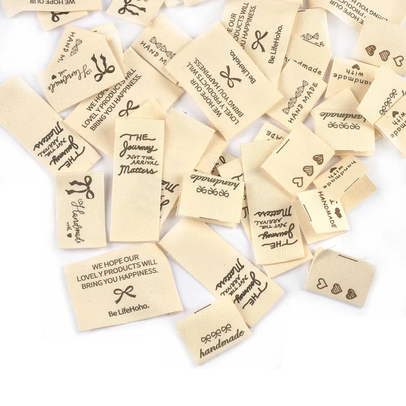 50pcs 19.5-44mm Random Mix Simple Beige Printed Labels For Clothing DIY Hats Bags Sewing Decorative Handmade Accessories C3782