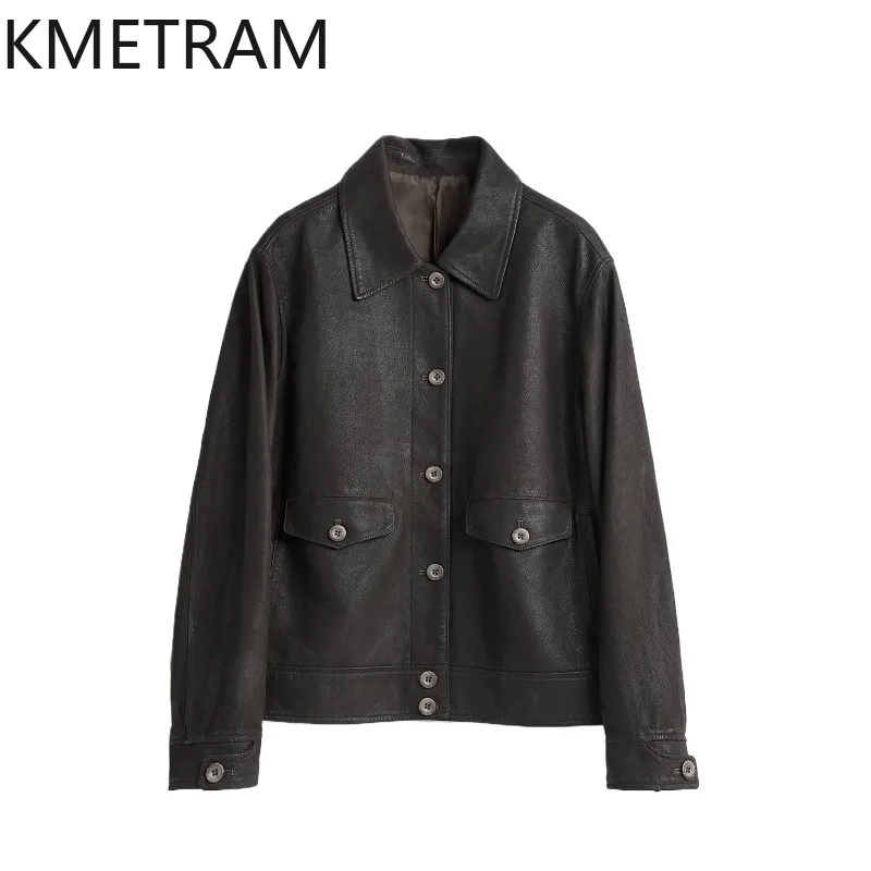 KMETRAM Quality Genuine Leather Jacket Woman Fully Vegetable Tanned Sheepskin Leather Coat Crop Jacket of Woman Outerwear 가죽자켓