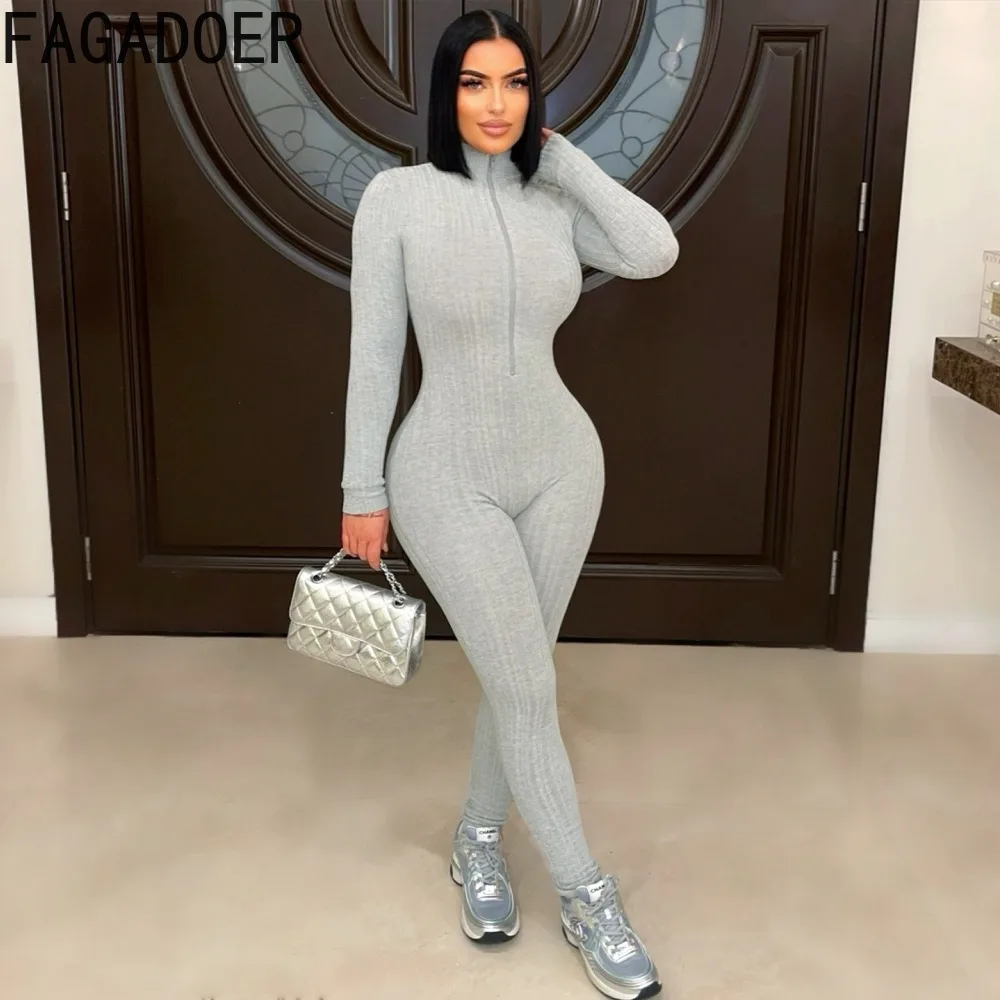 FAGADOER Autumn New Sexy Bodycon Jumpsuits Women Solid Color Long Sleeve Zipper Skinny Rompers Female Streetwear Overalls 2025