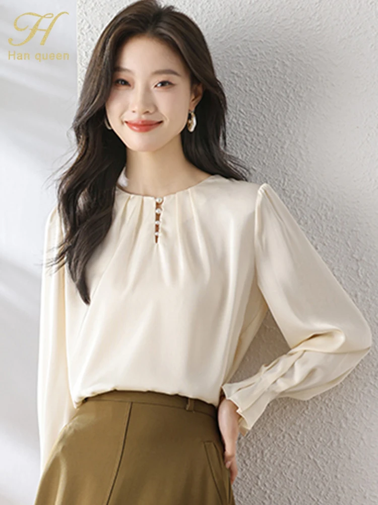 H Han Queen Spring Autumn Elegant Female Blouses Simple Office Lady Blouse Long Sleeve Tops Casual Korean OL Loose Blouses Women