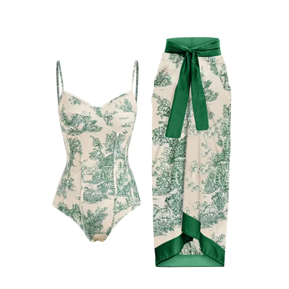 Women's Retro Swimsuit with Skirt, Designer Bathing Suit, Green Summer Surf Wear, Sexy Beach Dress