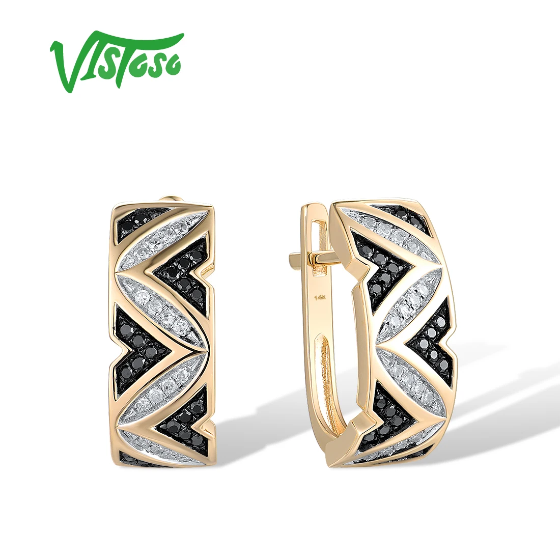 

VISTOSO Authentic 14K 585 Yellow Gold Earrings For Women Sparkling White & Black Diamond Wave Shape Delicate Party Fine Jewelry