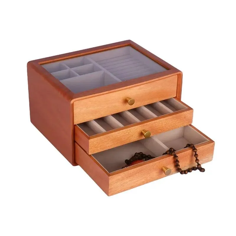 Three Layer Solid Wood Drawer Storage Box with Glass Window for Rings Earrings Watches Bracelets Jewelry Organizer Wooden