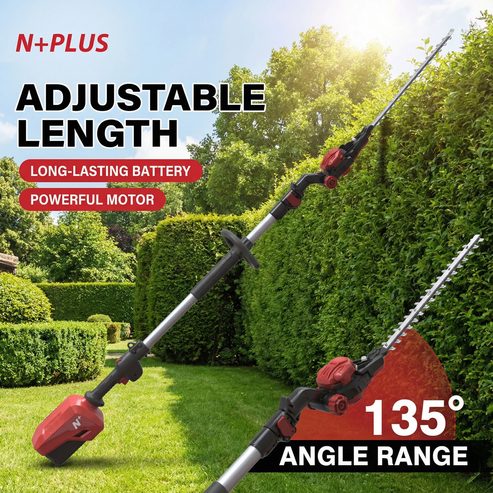 N+PLUS Fast Cutting Garden Hedge Cutter Adjustable Angle 135° Portable High Efficiency Electric Hedge Trimmer