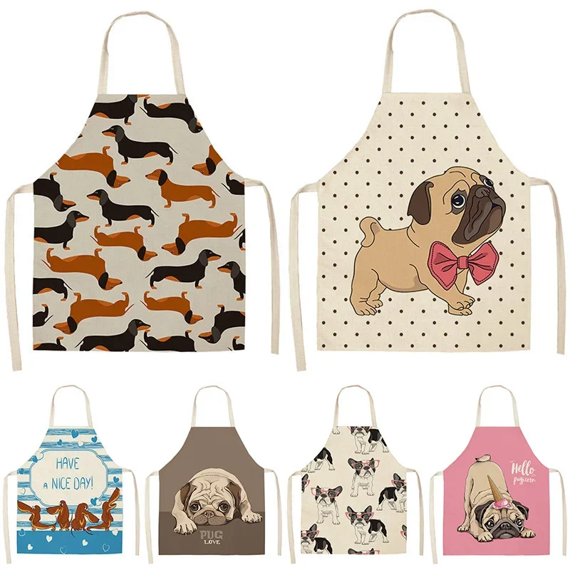 Bulldog Dachshund Pug Dog Printed Kitchen Apron Women's Cotton and Linen Bib Household Cooking Baking Cleaning Tool