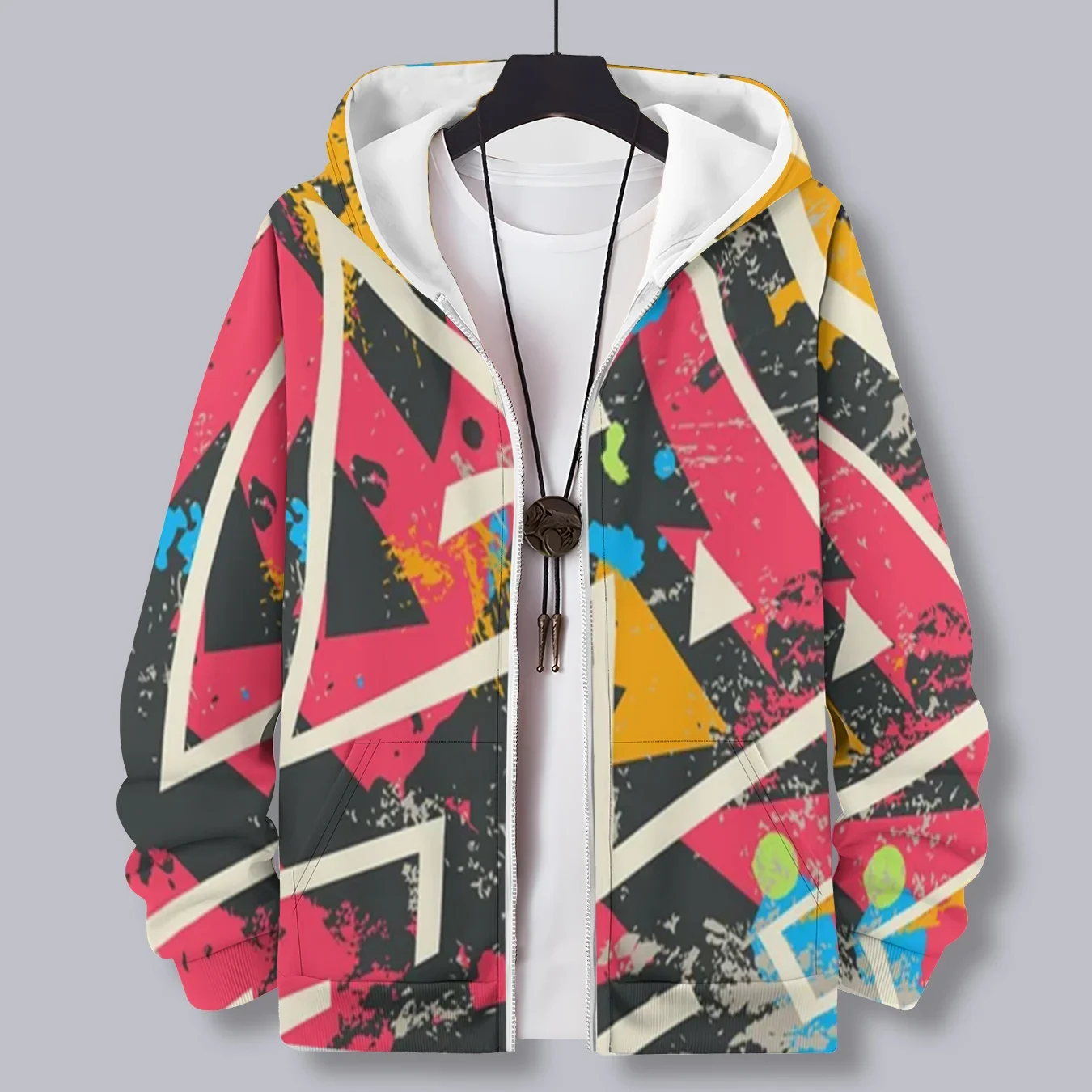 Padrão geométrico multicolorido impresso zíper hoodie masculino manga longa jaqueta casual com capuz moletom masculino feminino casaco zip