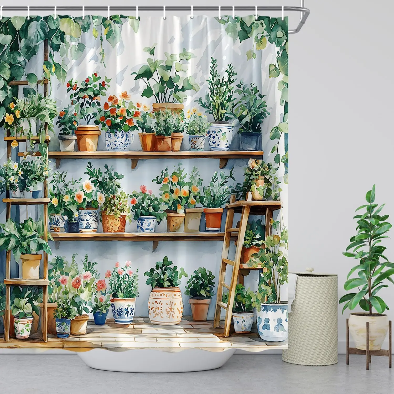 Potted Plant Shower Curtain Boho Cactus Green Botanical Rustic Tropical Leaves Watecolor Floral Succulent Spring Garden Modern