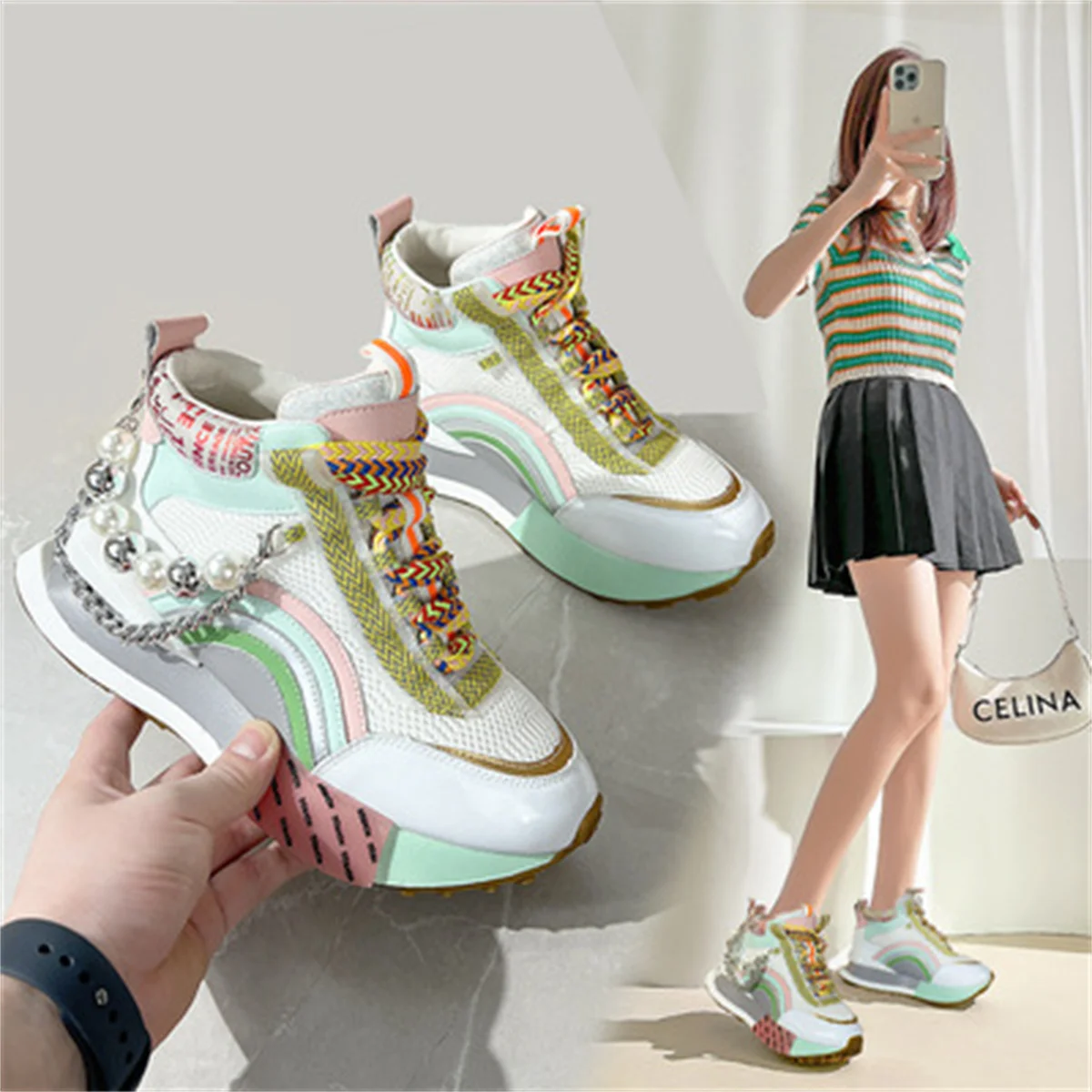 

Fashion College Girl Shoes Leisure Printing Letters Round Head High Top Pearls Metal Beads Teenagers Lacing Strap 4.5cm Shoes