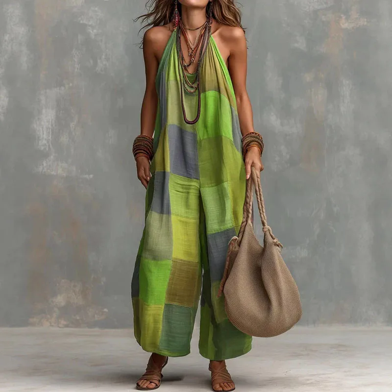 Greenora Summer Sleeveless Wide Leg Pants Jumpsuit Woman Spring Plaid Print Loose Rompers Sexy Halter Hollow Boho Vacation Overa