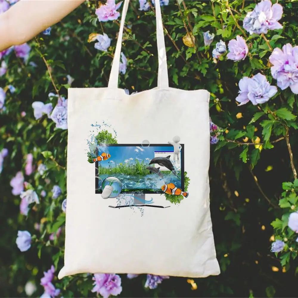 مكتبة Frutiger Aero Boutique المعزولة قابلة للطي بالجملة حقيبة تسوق عصرية طباعة فنية نمط فريد مستدام