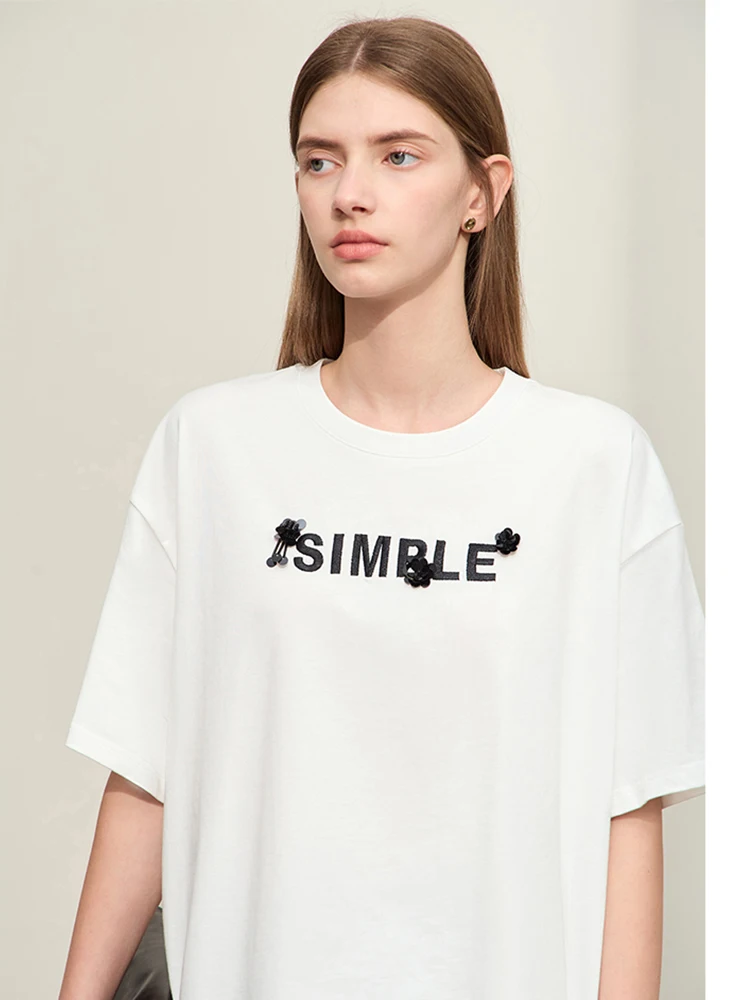 Amii Minimalism 2024 Summer New Basics Drop Sleeve T-Shirts Loose Letters Embroidery Studded Flowers T-shirt For Women 12442059