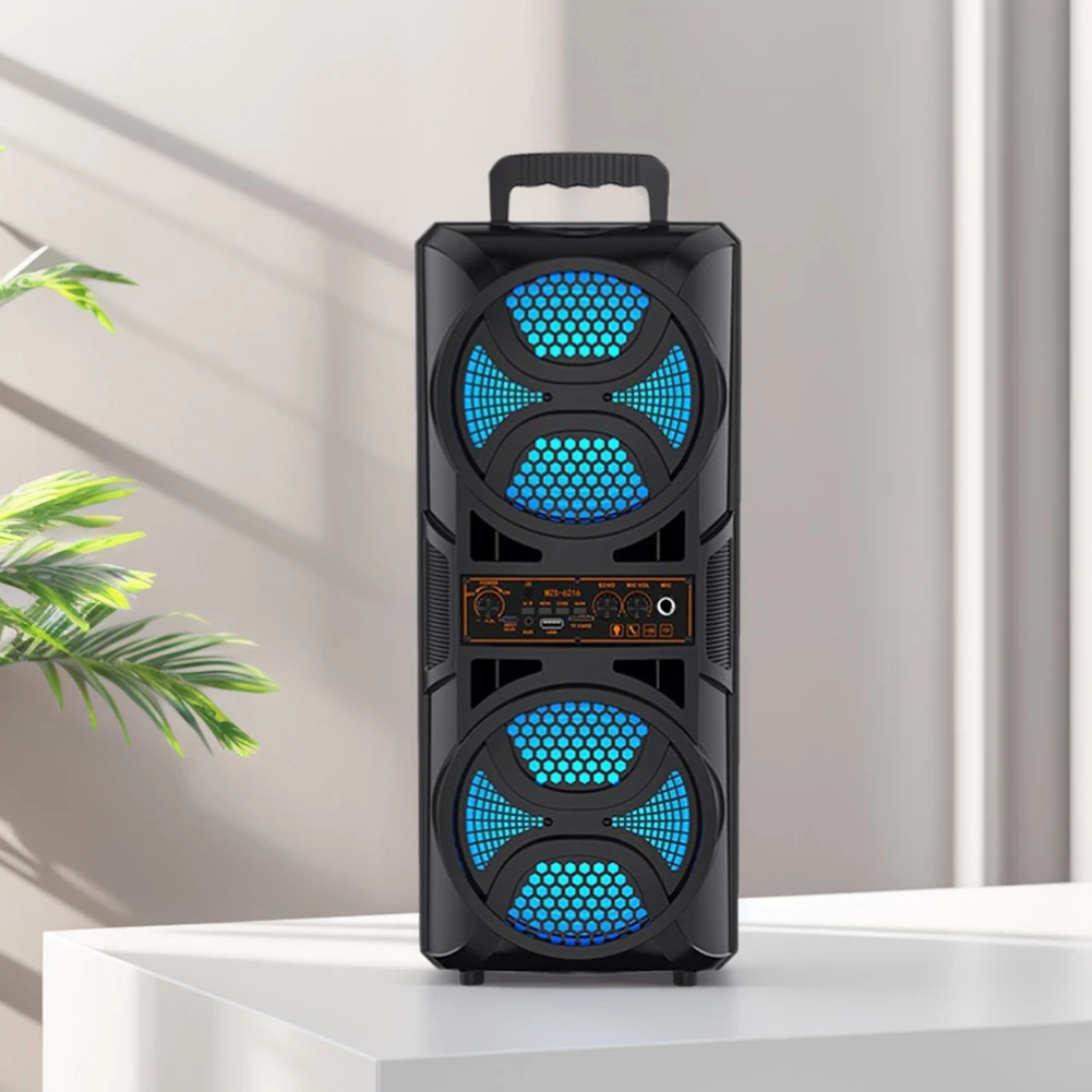 

Портативная Bluetooth-колонка с двойным сабвуфером, глубоким басом, подсветкой, мощным звуком, поддержкой USB/TF/AUX/FM/BT/MIC