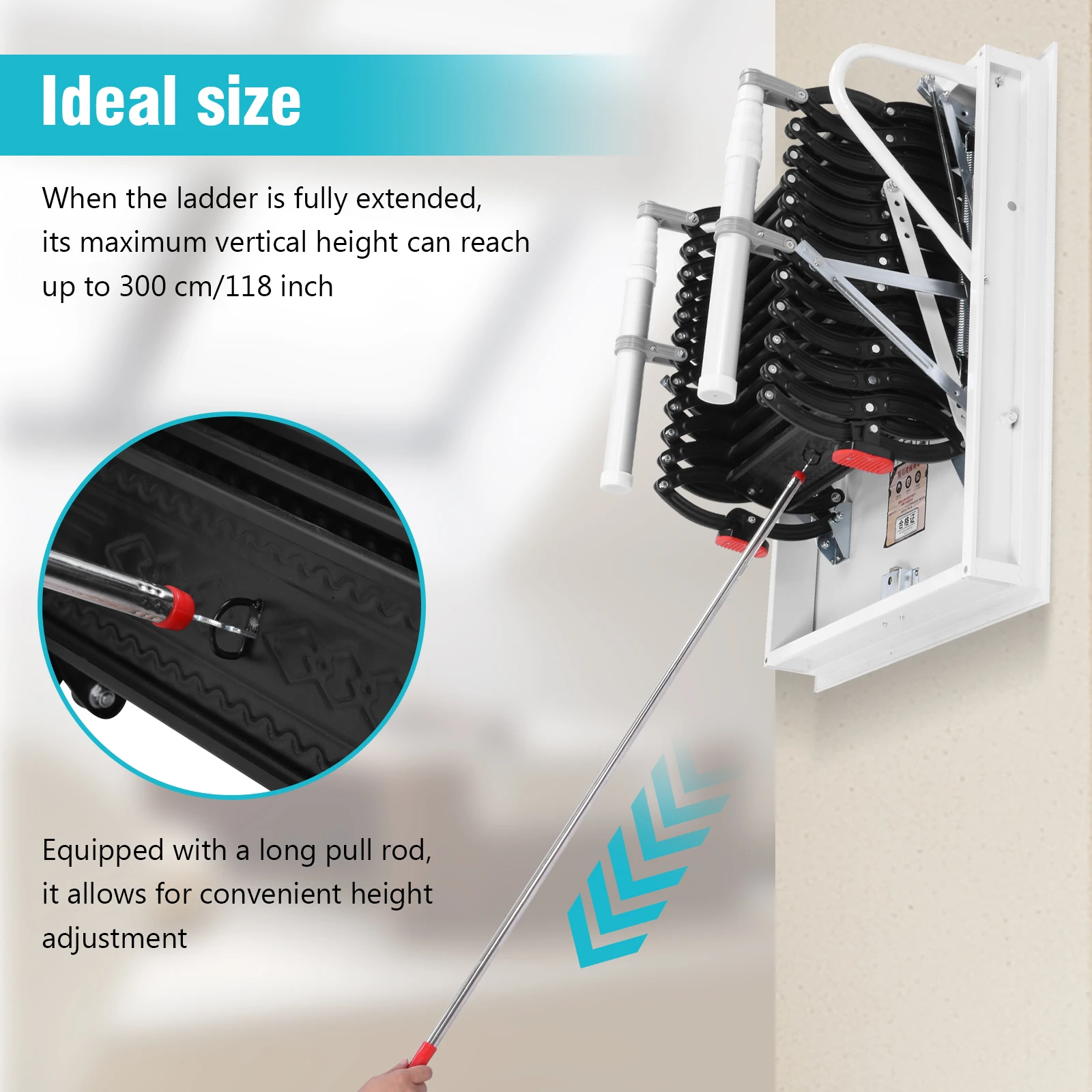 

12-ступенчатая потолочная лестница для чердака с поручнями, скрытые ступени для установки внутри помещения, грузоподъемность 660 фунтов, регулируемая высота для неровных проемов