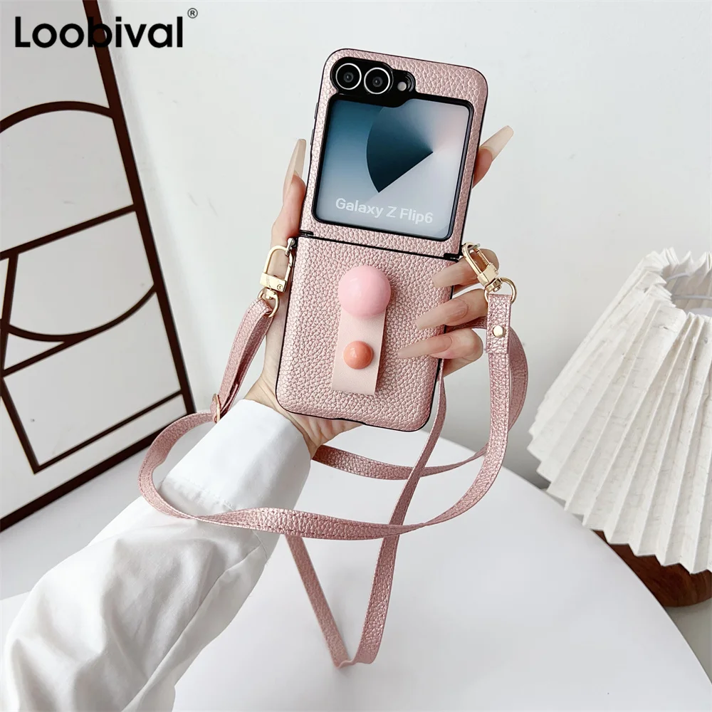 Gemstone Ring Buckle Holder Leather Case for Samsung Galaxy Z Flip6 Zflip5 Flip 4 5 6 ZFlip4 Lychee Pattern Long Lanyard Cover