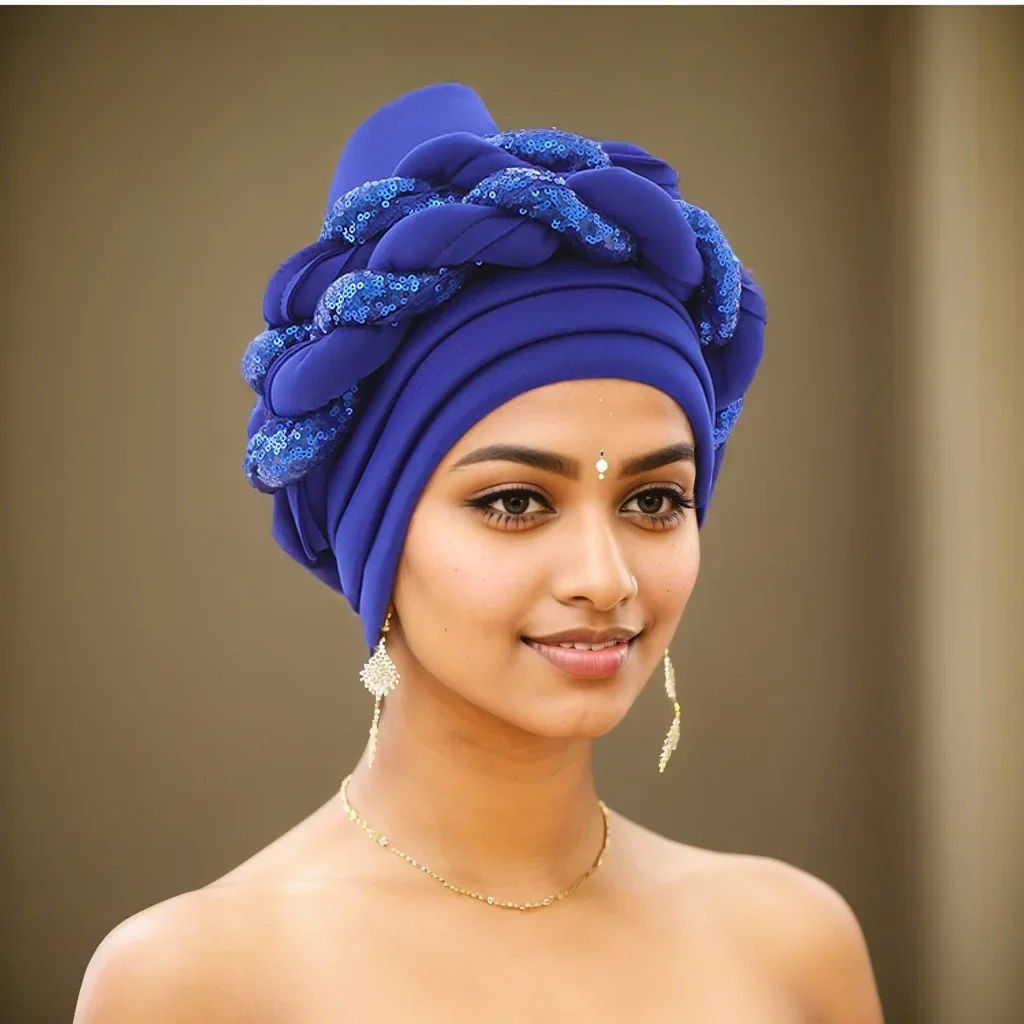 

Новейшая шапка-тюрбан с блестками для женщин уже готовая женская повязка на голову в африканском стиле Auto Geles Aso Oke, головной убор в Нигерии, свадебная шляпа, хиджаб