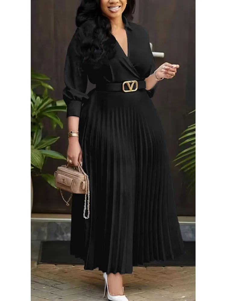 Classy Stylish Women Chiffon Office Work Dress Deep V Neck Long Sleeve With Belt High Waist Elegant A-Line Formal Celebrate Gown