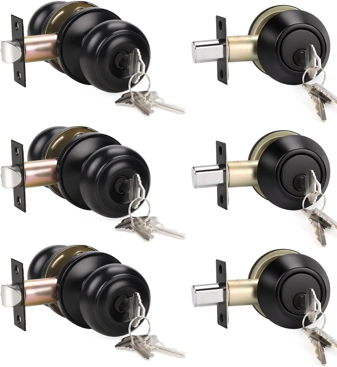 

3-Pack Keyed Door Knob & Deadbolt Lock Set, Matte Black Finish for Exterior/Front Doors
