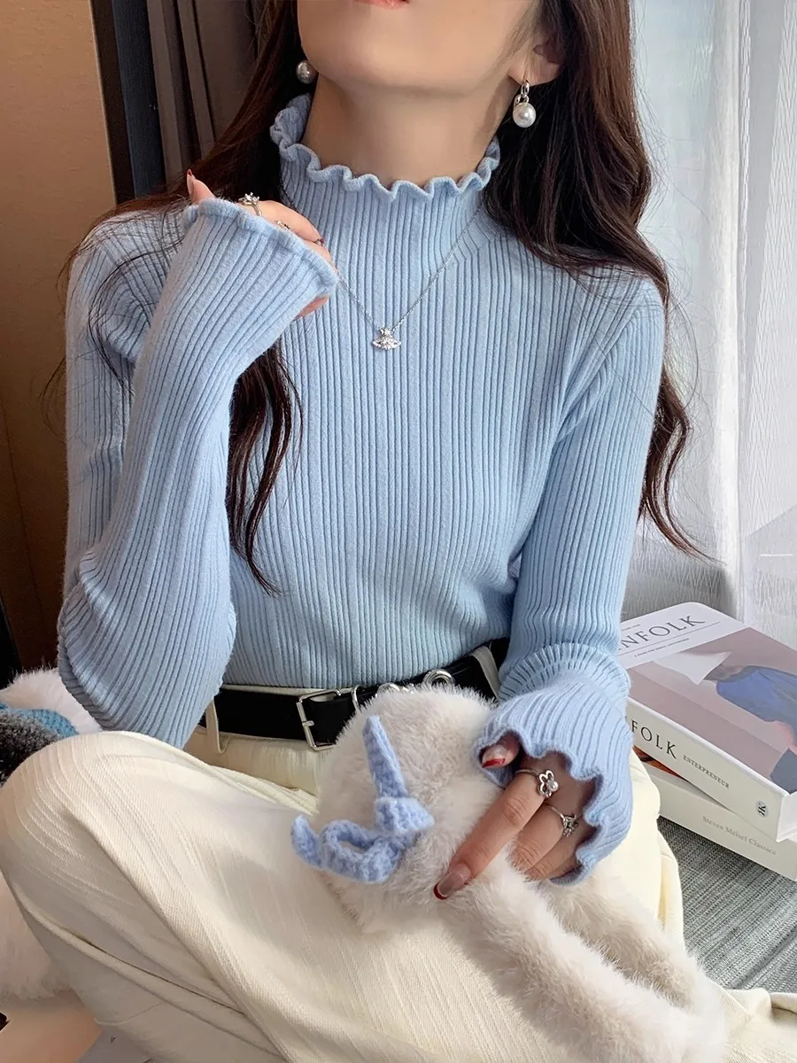 2026 Eleganter Einfarbiger Herbst-Winter-Pullover Damen Rollkragen-Oberteil Lässiger Schlanker Pullover Koreanische Mode Schlichte Schicke Geraffte Kleidung