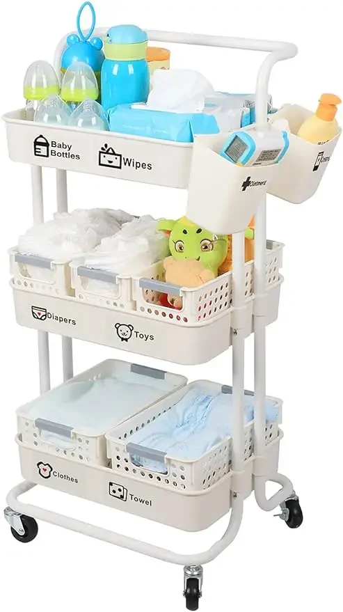 Baby Diaper Caddy Organizer Cart Movable, 3-Tier Sturdy Newborn Nursery Essentials Storage Cart for Changing Table