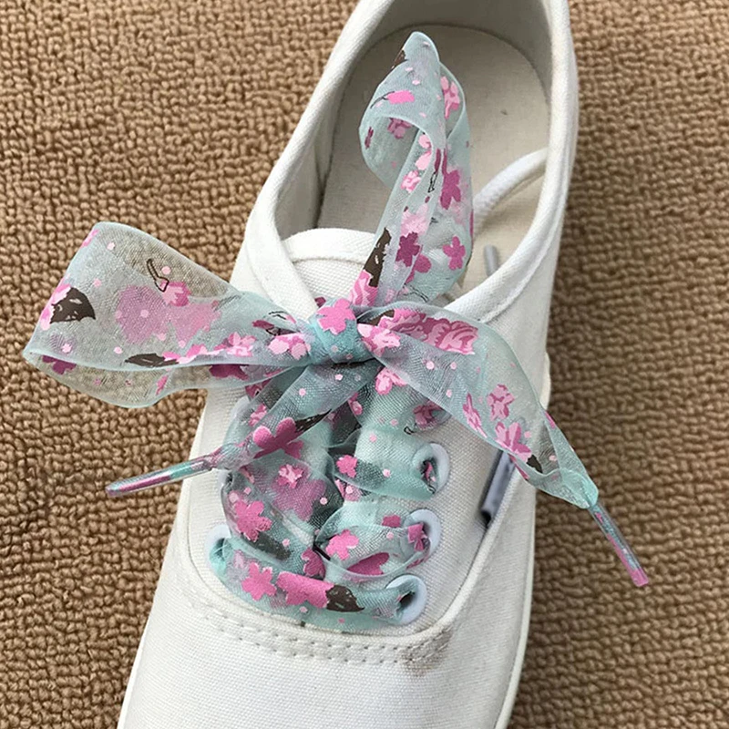 1 Pair Trend Personality Sport Casual Shoes Laces Beautiful Printing Flower Chiffon Shoelace Men Women Bow Organza Shoelaces