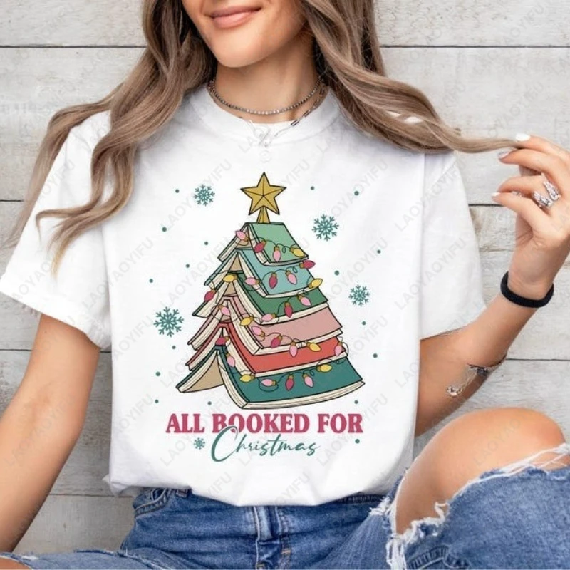 

All Booked for Christmas Gift Tees for Librarian Bookworm Tree Kawaii Funny Unique Creative Tops Men Women Cotton Trend Tshirt