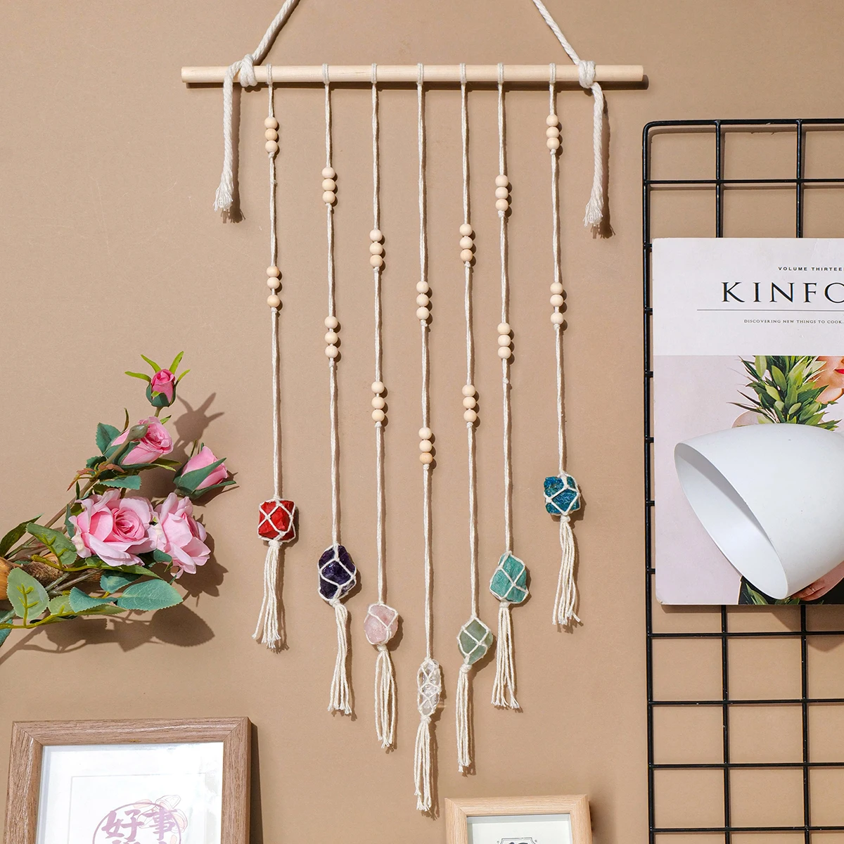 

1PC Natural Crystal Raw Stone Wall Hanging Hand Woven Seven Colors Raw Stone Crystal Home Tassel Hanging Pendant