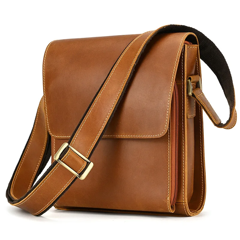 Men's Leather Shoulder Bag Crazy Horse Leather Crossbody Bag Top Layer Cowhide Flap Shoulder Bag iPad Bag Cross Border