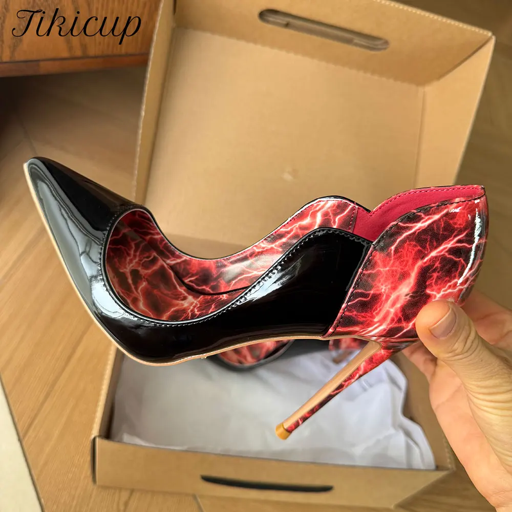 Tikicup Elegant Patent Stiletto Heels 12cm Ultra High Heels Women Pointy Toe Pumps Sexy V Cut Party Evening Events Dress Shoes