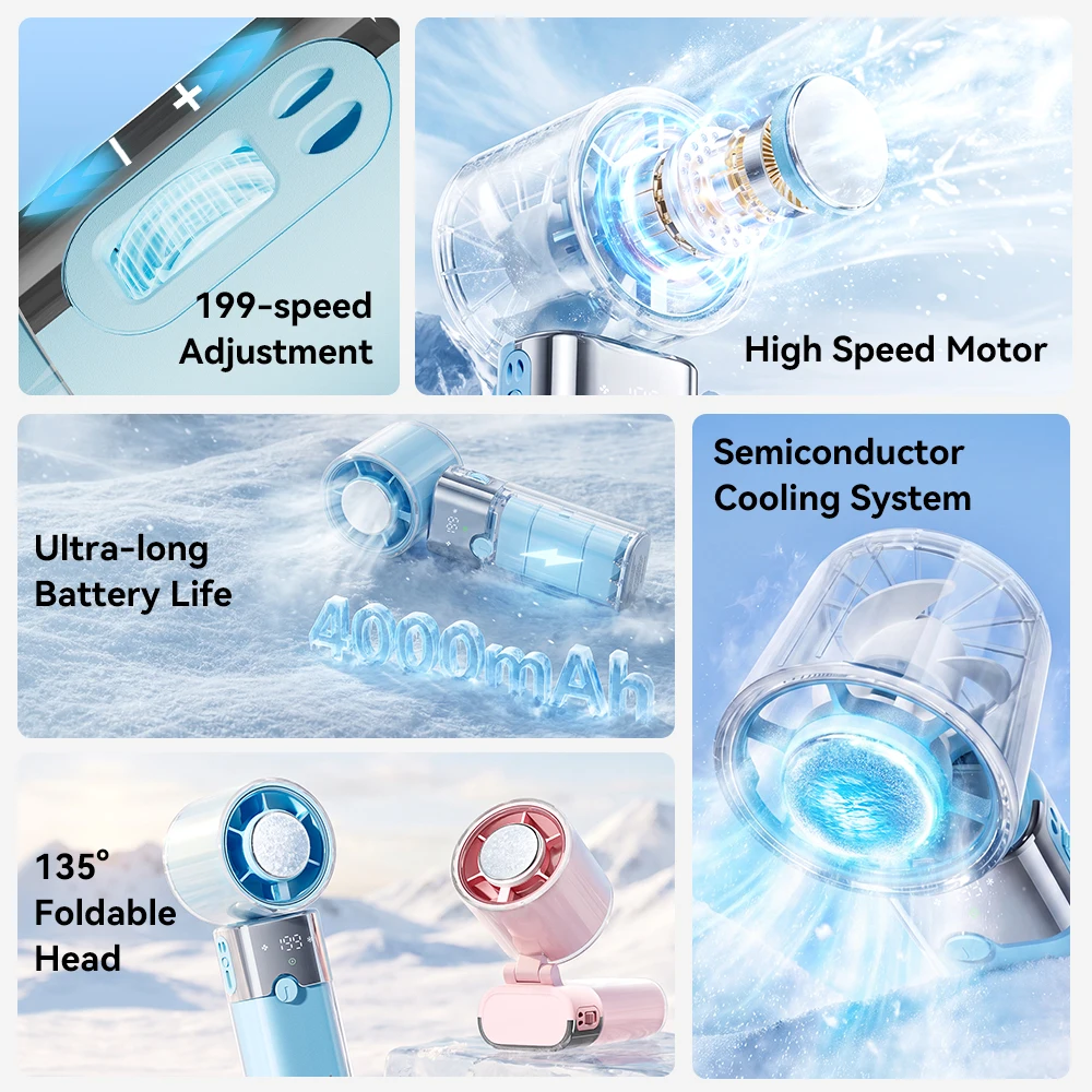 Portable Handheld Tubro Fan Transparent Shell Appearance 199 Gear Wind speed LED Digital Display 135°Adjustable 4000mAh FF23 - Detail 1