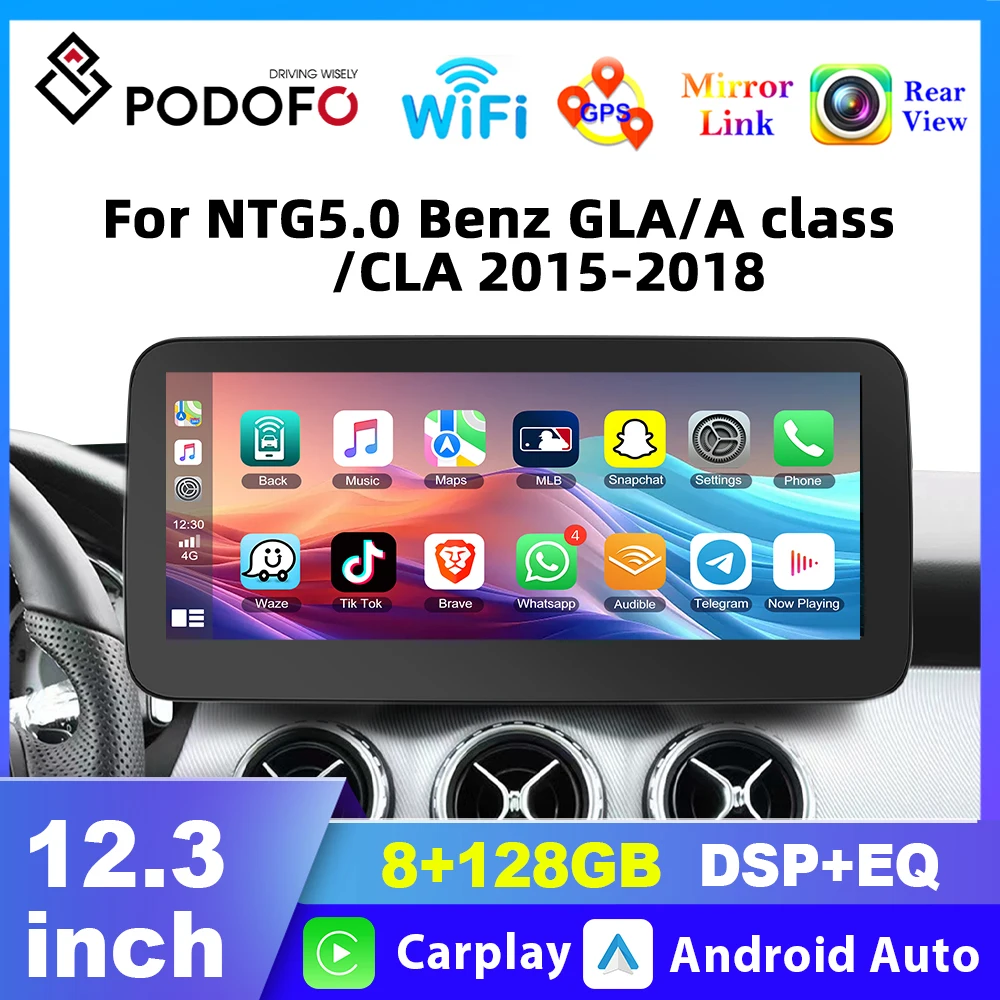 Podofo Wireless CarPlay 8+128G Android Car Radio For NTG5.0 Benz GLA/A class/CLA 2015-2018 Car Multimedia Navigation GPS SWC DSP