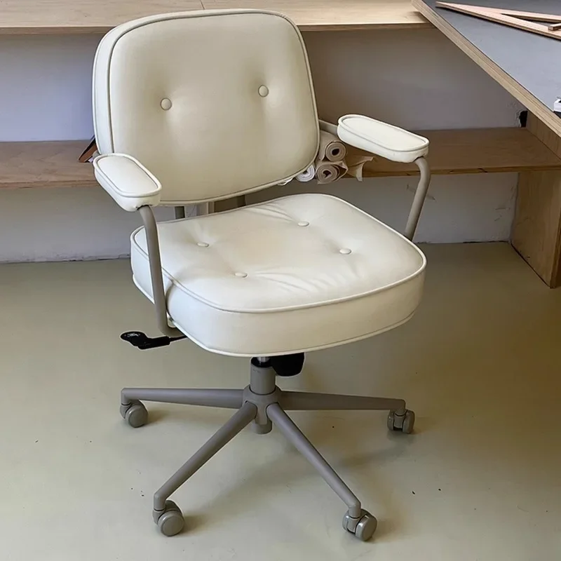 Nordic Creamy Style Ergonomic Office Chair，Leather Swivel Chair With Armrests Height Adjustable Computer Chair For Home Office