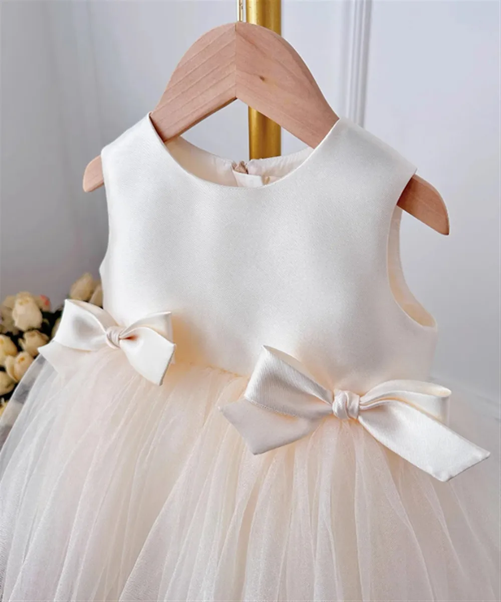 Cute Flower Girl Wedding Dress Princess Bow Satin Tutu Dress Sleeveless Infant Toddler Child Elegant Birthday Party Baby Cloth