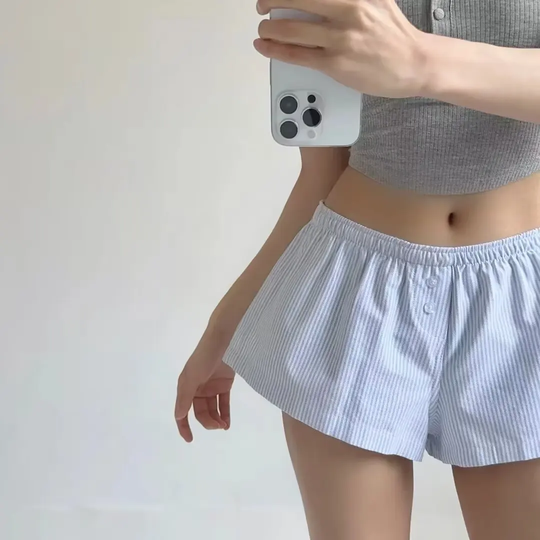 الأمريكية BM Sle مخطط زر منخفضة الخصر واسعة الساق ort السراويل النساء الصيف مريحة عارضة المنزل بوت تنوعا السراويل الساخنة #2